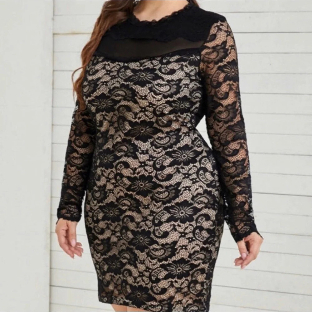 Plus Size Black Long Sleeve Lace Mesh Elegant Dress. NEW. 1XL-2XL